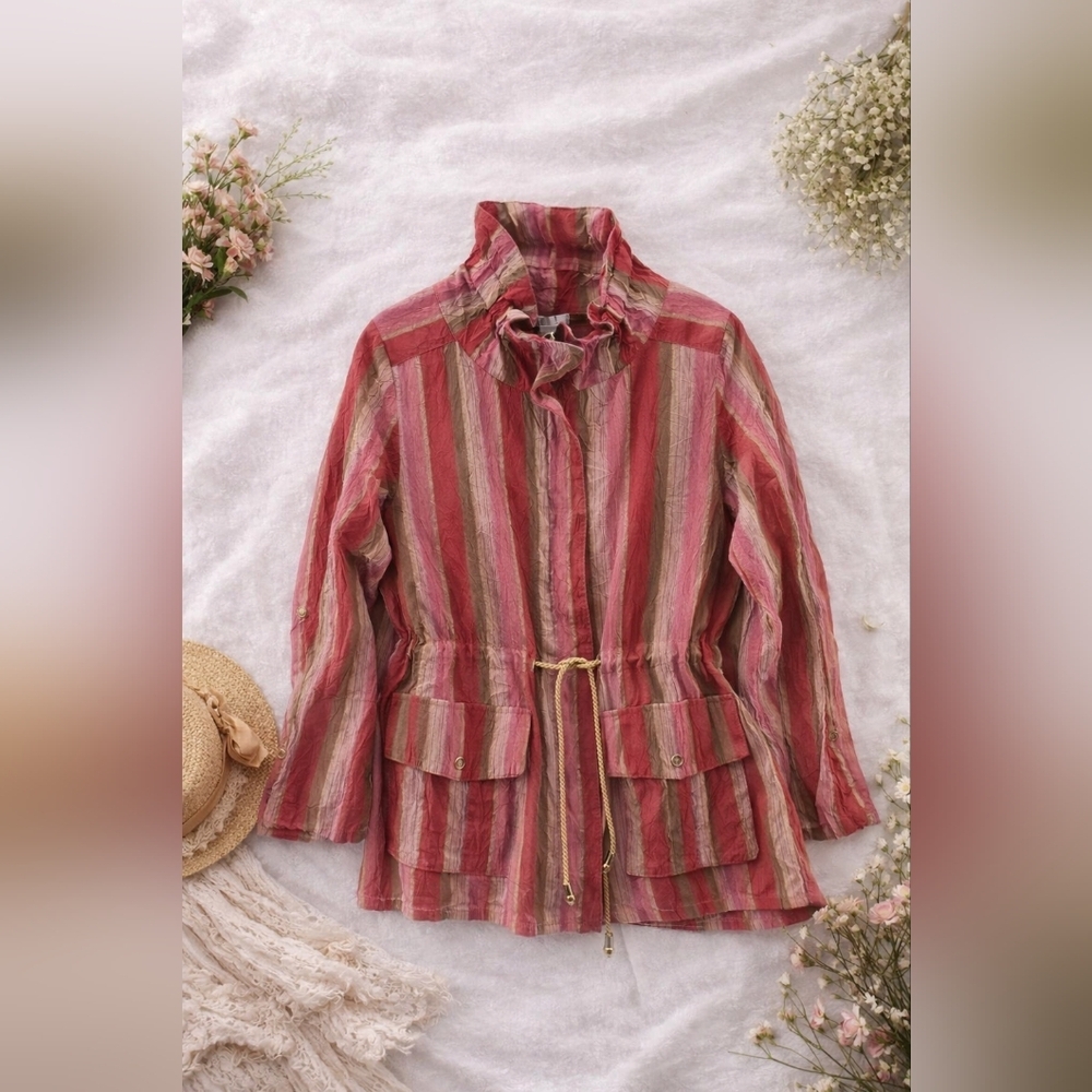 PULI Full Zip Crinkle Cotton/nylon L Sleeve Ruffled Collar Light JacketLadies XS